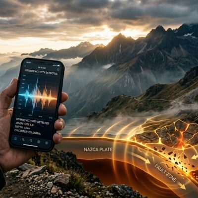 Celular con alerta de sismo de magnitud 6.8 en Colombia y gráfico de subducción de la placa de Nazca bajo la Sudamericana
