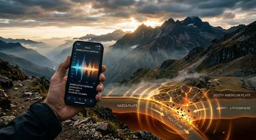 Celular con alerta de sismo de magnitud 6.8 en Colombia y gráfico de subducción de la placa de Nazca bajo la Sudamericana