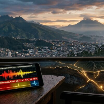 Celular con alerta de sismo M5.4 en los Andes del Norte y gráfico de fallas subterráneas frente a un paisaje montañoso