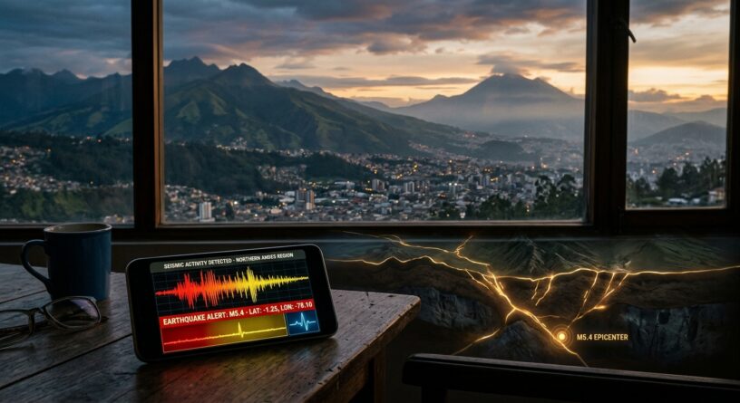 Celular con alerta de sismo M5.4 en los Andes del Norte y gráfico de fallas subterráneas frente a un paisaje montañoso