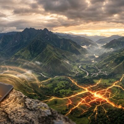 Celular sobre una roca mostrando ondas sísmicas que se propagan con líneas brillantes por un valle montañoso