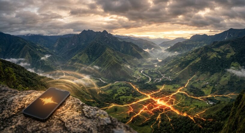 Celular sobre una roca mostrando ondas sísmicas que se propagan con líneas brillantes por un valle montañoso