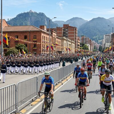Ciclistas y un desfile militar en una calle de Bogotá, con banderas de Colombia y el cerro de Monserrate al fondo