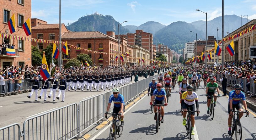 Ciclistas y un desfile militar en una calle de Bogotá, con banderas de Colombia y el cerro de Monserrate al fondo