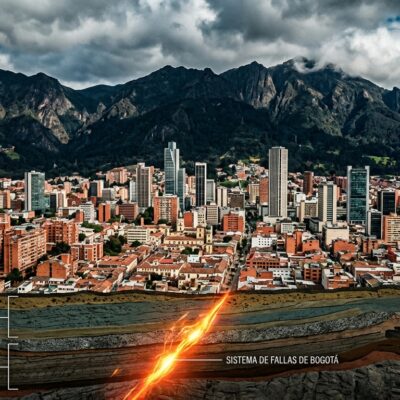 Corte geológico de Bogotá que muestra el sistema de fallas, acuíferos y sedimentos lacustres bajo la ciudad