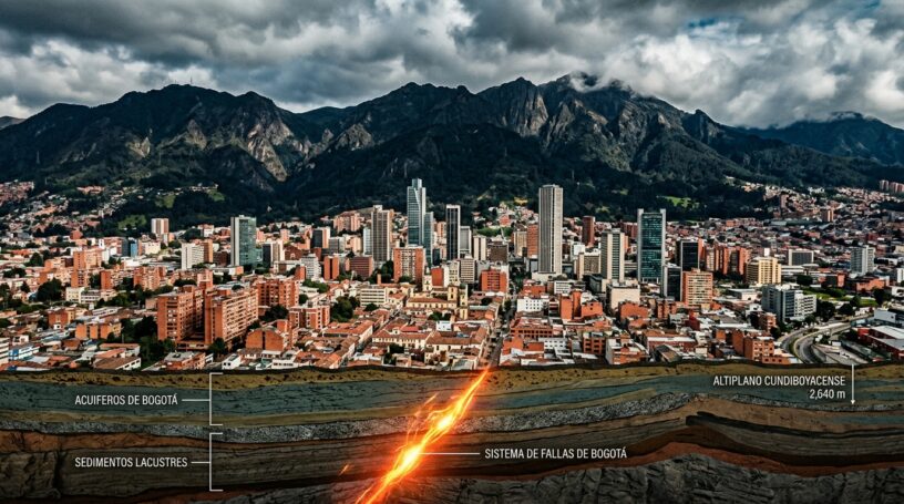 Corte geológico de Bogotá que muestra el sistema de fallas, acuíferos y sedimentos lacustres bajo la ciudad