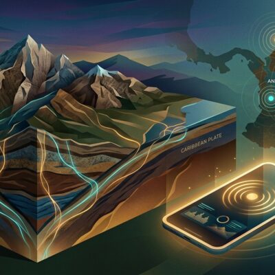 Corte geológico de la placa del Caribe, mapa de Colombia con sismos en Antioquia y Santander, y celular de monitoreo