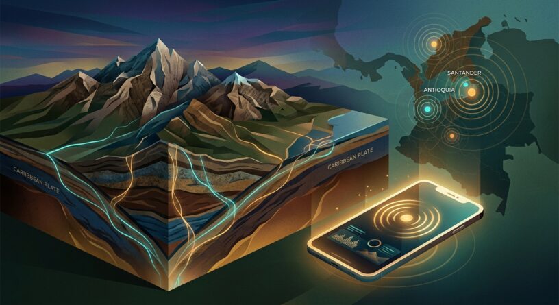 Corte geológico de la placa del Caribe, mapa de Colombia con sismos en Antioquia y Santander, y celular de monitoreo
