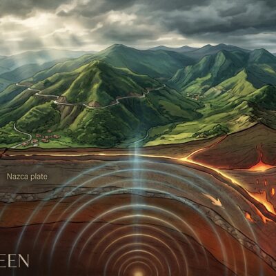 Corte transversal de la convergencia de las placas de Nazca, del Caribe y Sudamericana bajo la cordillera de los Andes