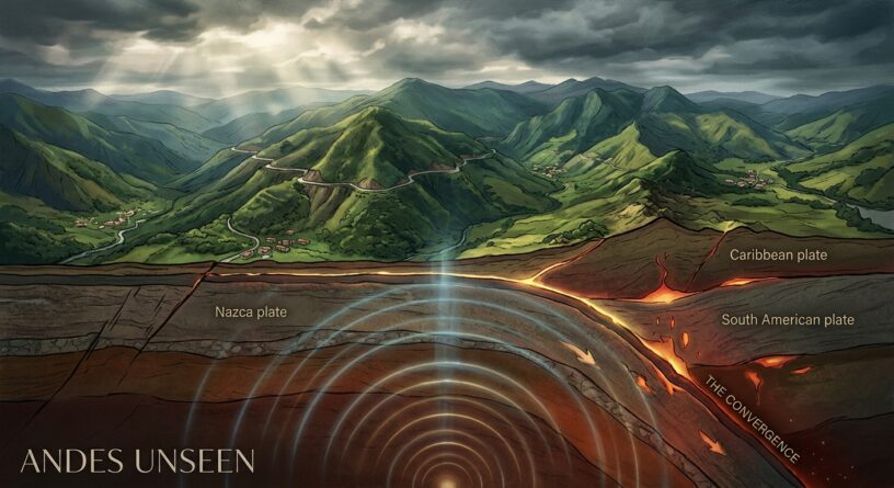 Corte transversal de la convergencia de las placas de Nazca, del Caribe y Sudamericana bajo la cordillera de los Andes