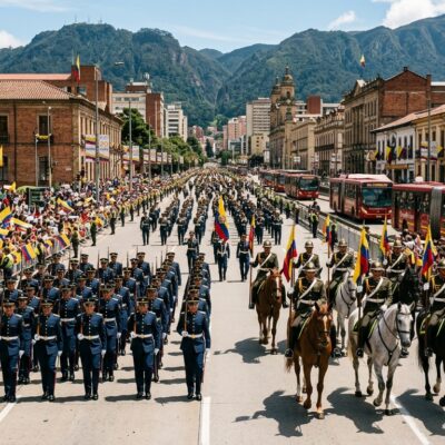 Desfile militar del 20 de julio en Bogotá con soldados, caballería y público ondeando banderas de Colombia