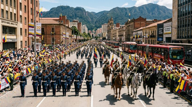 Desfile militar del 20 de julio en Bogotá con soldados, caballería y público ondeando banderas de Colombia