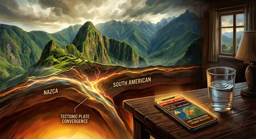 Diagrama de la convergencia de las placas de Nazca y Sudamericana, junto a un celular que muestra una alerta sísmica