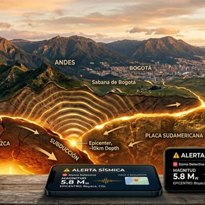 Diagrama de subducción de placas tectónicas bajo los Andes y celulares con alerta sísmica de magnitud 5.8 en Boyacá