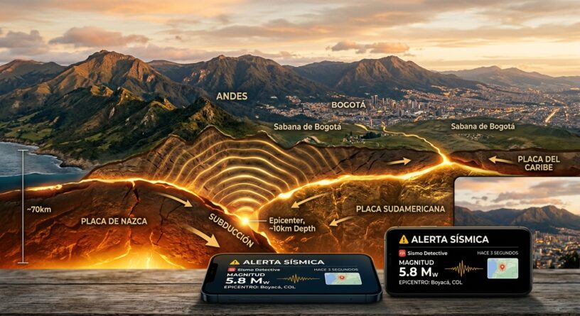 Diagrama de subducción de placas tectónicas bajo los Andes y celulares con alerta sísmica de magnitud 5.8 en Boyacá