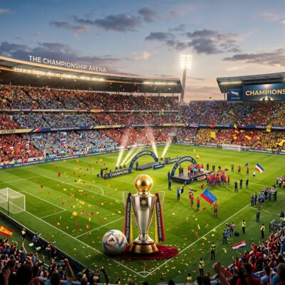 Estadio de fútbol repleto durante una celebración de campeonato, con un gran trofeo dorado en el campo