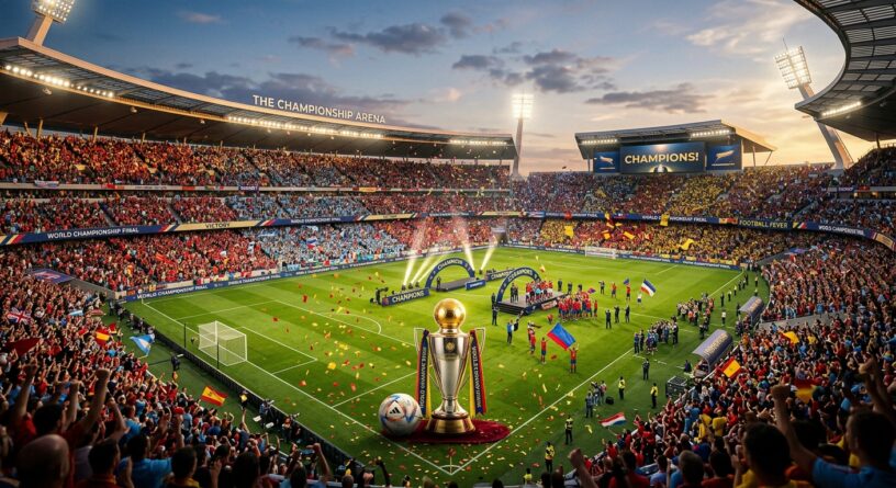 Estadio de fútbol repleto durante una celebración de campeonato, con un gran trofeo dorado en el campo
