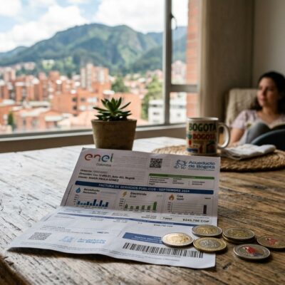 Factura de servicios públicos de Enel y Acueducto de Bogotá junto a monedas colombianas sobre una mesa de madera