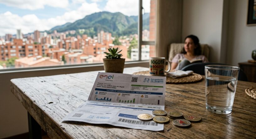 Factura de servicios públicos de Enel y Acueducto de Bogotá junto a monedas colombianas sobre una mesa de madera