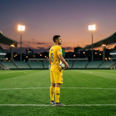 Futbolista con uniforme amarillo y el número 8 sostiene un balón en la cancha de un estadio vacío al atardecer