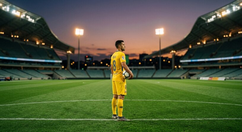 Futbolista con uniforme amarillo y el número 8 sostiene un balón en la cancha de un estadio vacío al atardecer