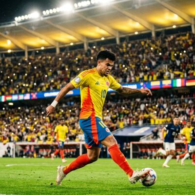 Futbolista de la selección Colombia con la camiseta número 10 pateando el balón en un estadio lleno
