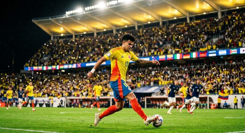 Futbolista de la selección Colombia con la camiseta número 10 pateando el balón en un estadio lleno