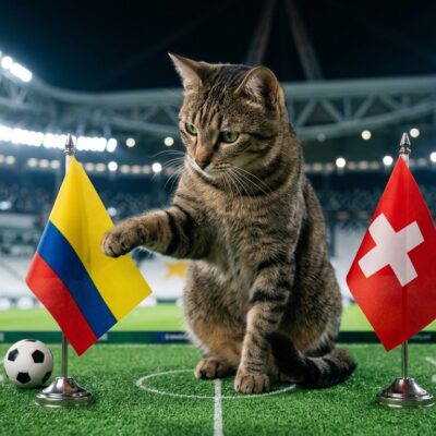 Gato atigrado en una cancha de fútbol miniatura tocando la bandera de Colombia, con la bandera de Suiza al lado