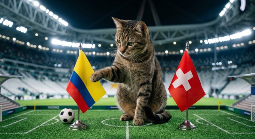 Gato atigrado en una cancha de fútbol miniatura tocando la bandera de Colombia, con la bandera de Suiza al lado