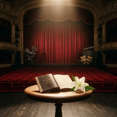 Libro abierto titulado "The Legacy of a Star" y un lirio blanco sobre una mesa en el escenario de un teatro vacío