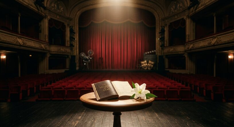 Libro abierto titulado "The Legacy of a Star" y un lirio blanco sobre una mesa en el escenario de un teatro vacío