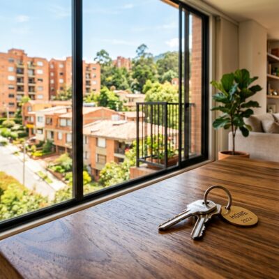 Llaves con un llavero de HOME 2024 sobre una mesa de madera y vista a edificios residenciales por la ventana
