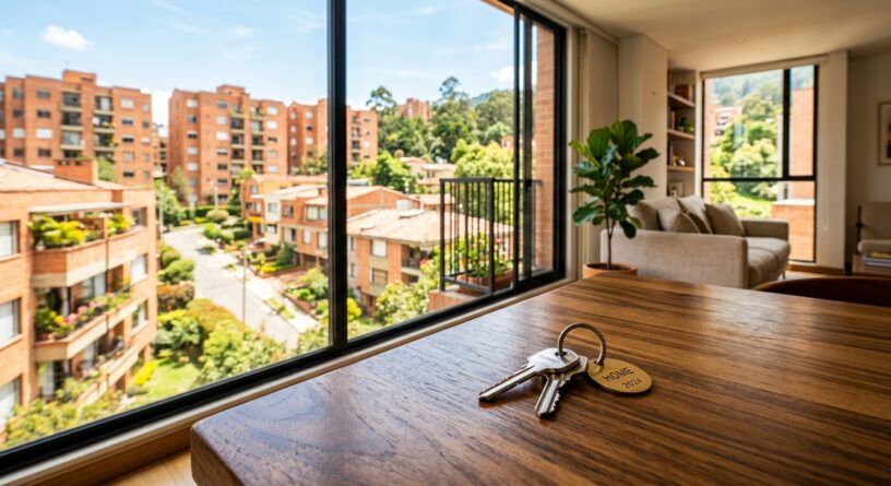Llaves con un llavero de HOME 2024 sobre una mesa de madera y vista a edificios residenciales por la ventana