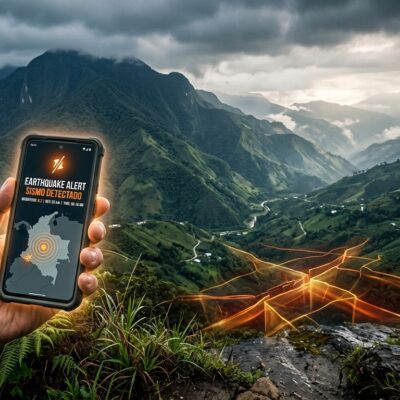 Mano sosteniendo un celular con una alerta de sismo detectado en Colombia, frente a un paisaje montañoso con ondas sísmicas