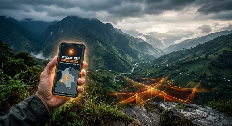 Mano sosteniendo un celular con una alerta de sismo detectado en Colombia, frente a un paisaje montañoso con ondas sísmicas