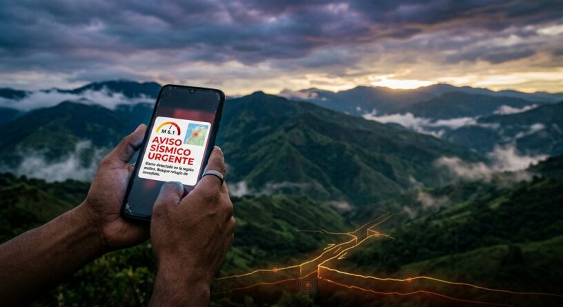 Manos sosteniendo un celular con una alerta de sismo urgente de magnitud 6.1, con montañas de fondo