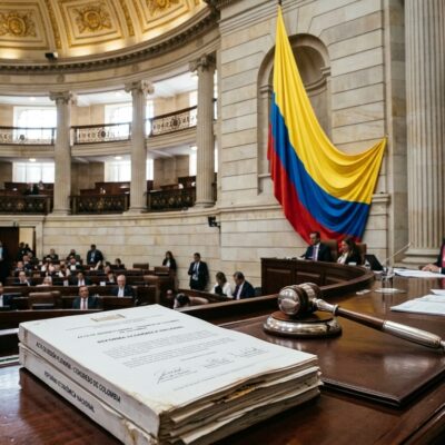 Mazo y documento legislativo en primer plano con la bandera de Colombia y congresistas al fondo en el Capitolio Nacional