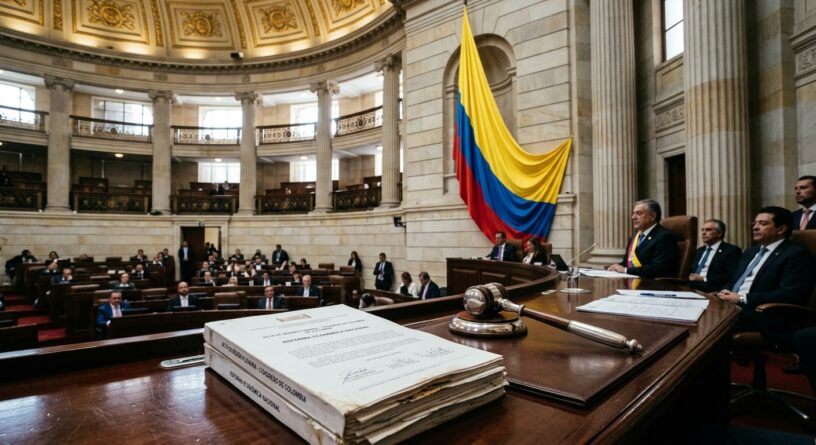 Mazo y documento legislativo en primer plano con la bandera de Colombia y congresistas al fondo en el Capitolio Nacional