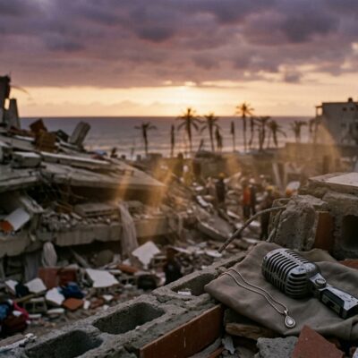 Micrófono clásico y collar sobre escombros de edificios destruidos, con el mar y palmeras al atardecer de fondo
