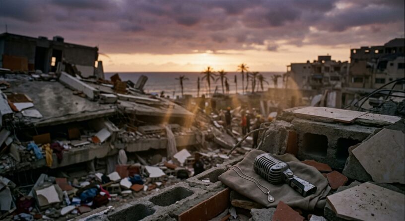 Micrófono clásico y collar sobre escombros de edificios destruidos, con el mar y palmeras al atardecer de fondo