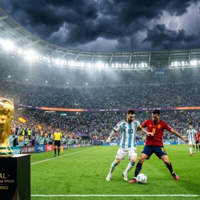 Montaje de una final ficticia de Catar 2022 entre Argentina y España, con Messi, Busquets y el trofeo del Mundial