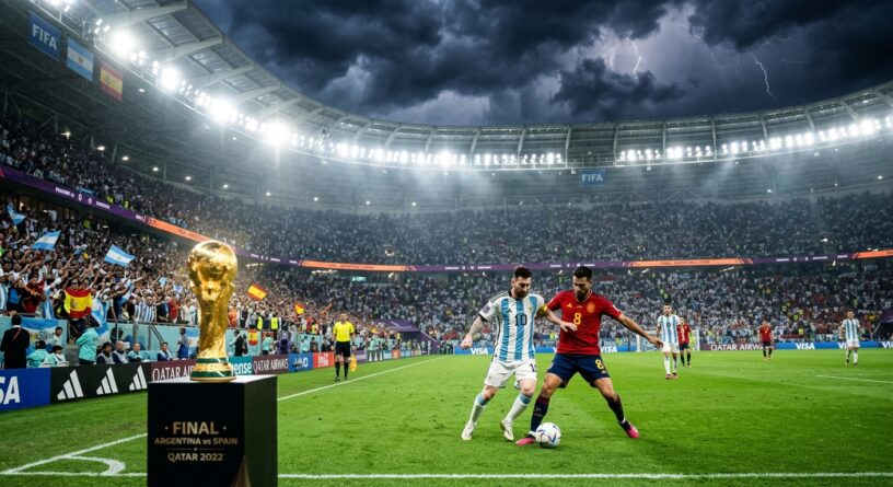 Montaje de una final ficticia de Catar 2022 entre Argentina y España, con Messi, Busquets y el trofeo del Mundial
