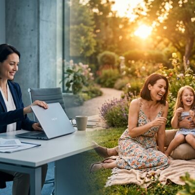 Mujer profesional en su oficina y una familia feliz disfrutando de un día soleado en el jardín
