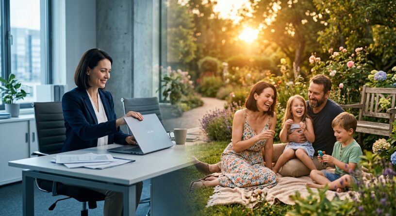 Mujer profesional en su oficina y una familia feliz disfrutando de un día soleado en el jardín
