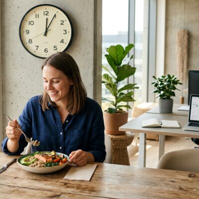 Mujer sonriente almorzando una ensalada saludable en una oficina moderna