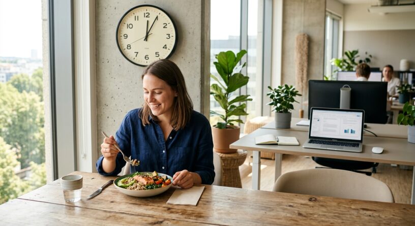 Mujer sonriente almorzando una ensalada saludable en una oficina moderna