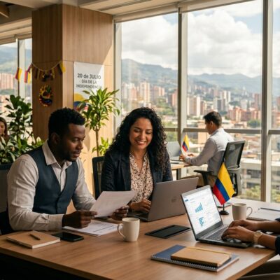 Profesionales trabajando en una oficina moderna en Colombia con vista a la ciudad y banderas del país