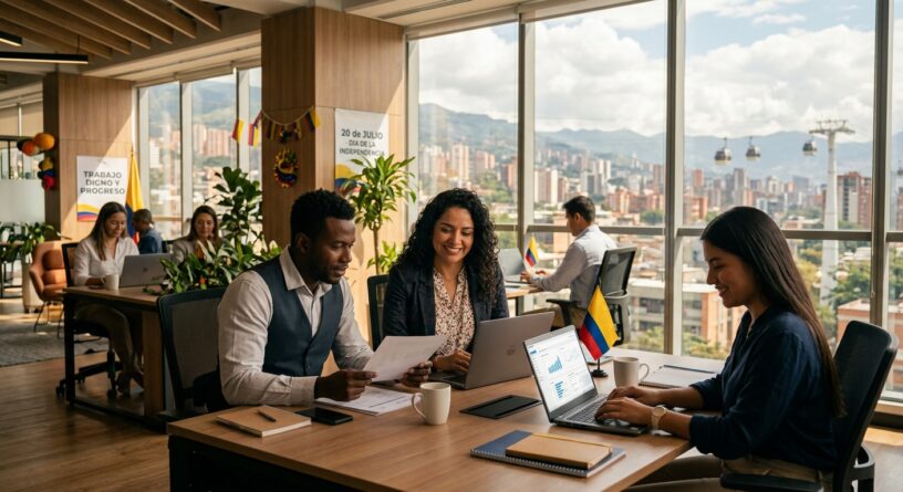 Profesionales trabajando en una oficina moderna en Colombia con vista a la ciudad y banderas del país