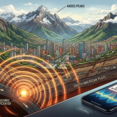 Sismo por subducción de placas tectónicas bajo los Andes en Colombia y un celular con alerta de emergencia