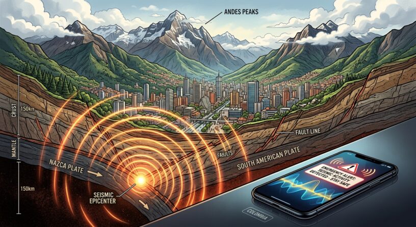 Sismo por subducción de placas tectónicas bajo los Andes en Colombia y un celular con alerta de emergencia